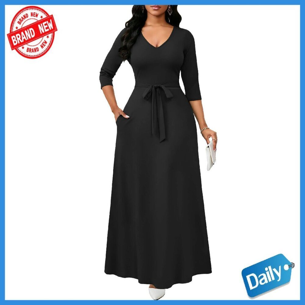 Maxi Dress with Pockets, 3/4 Sleeve V-Neck, Empire Waist, Casual Long Dress